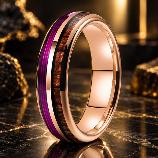 Koa Wood and Purple Guitar String Tungsten Ring