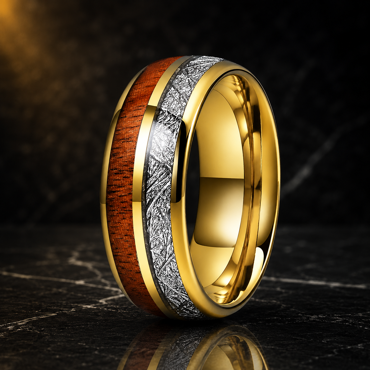 Koa Wood and White Meteorite Tungsten Ring