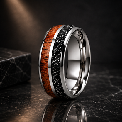 Koa Wood and Black Meteorite Tungsten Ring
