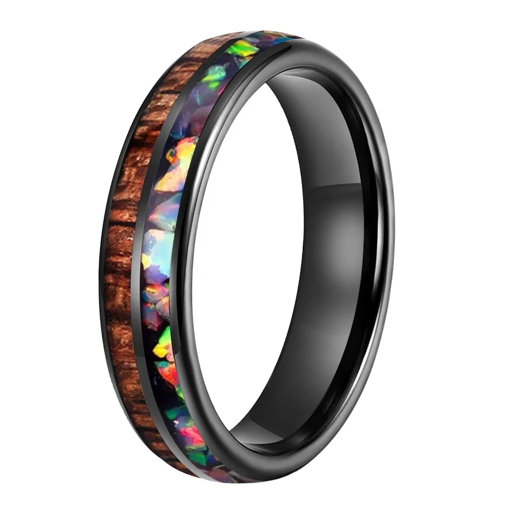 Koa Wood and Fire Opal Tungsten Ring