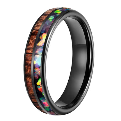 Koa Wood and Fire Opal Tungsten Ring