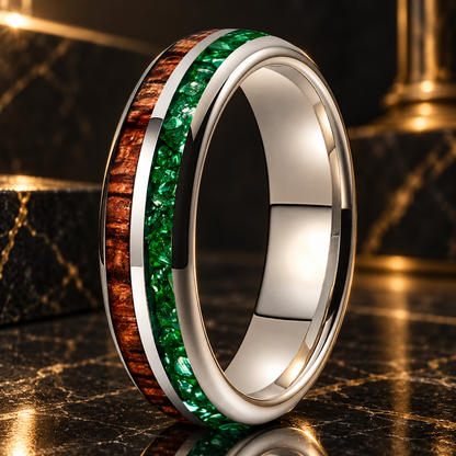 Koa Wood and Green Crystal Tungsten Ring