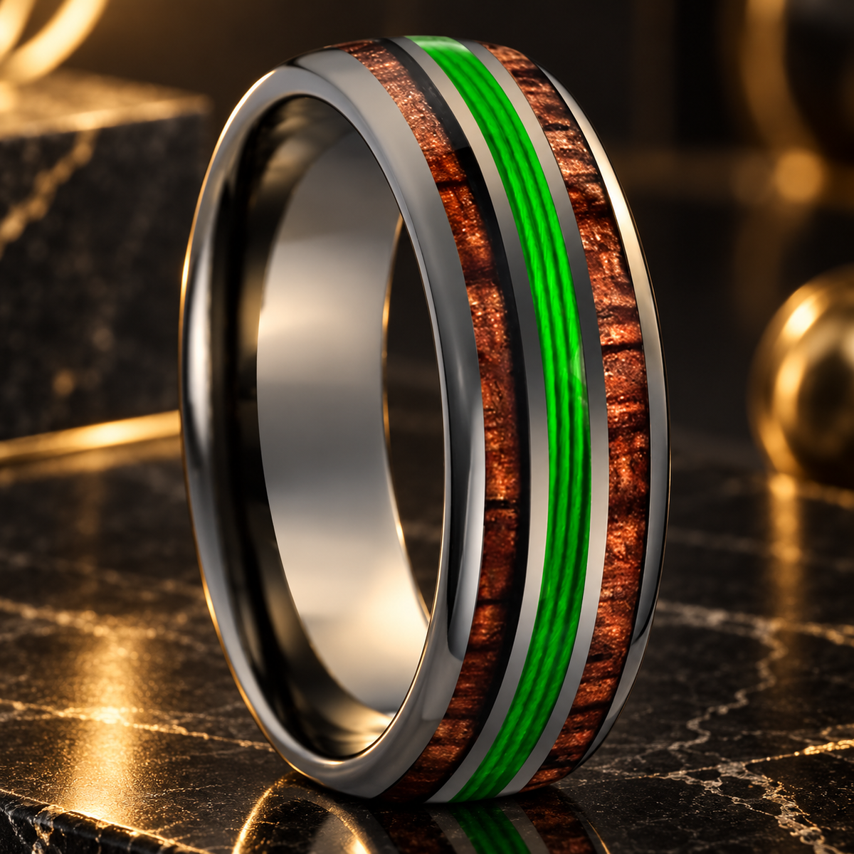 Koa Wood and Guitar String Tungsten Ring