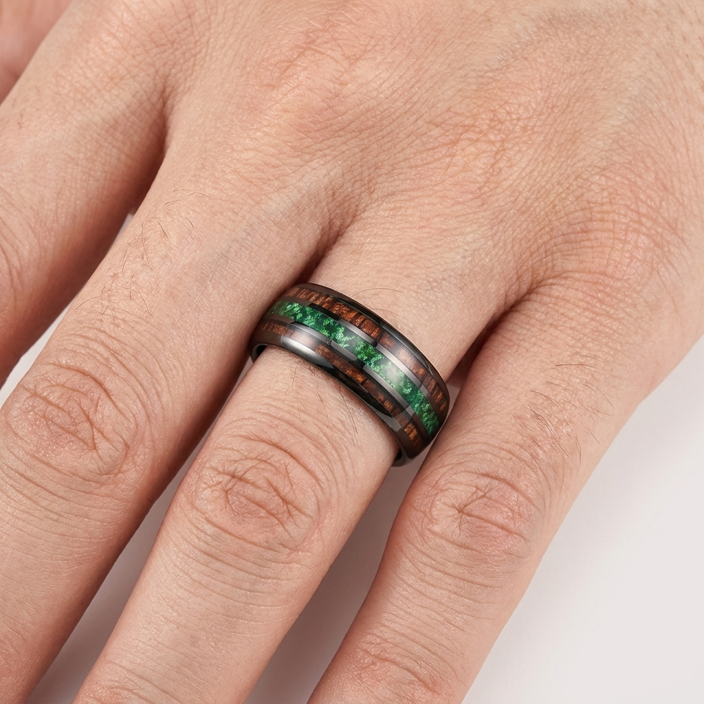 Koa Wood and Moss Agate Tungsten Ring