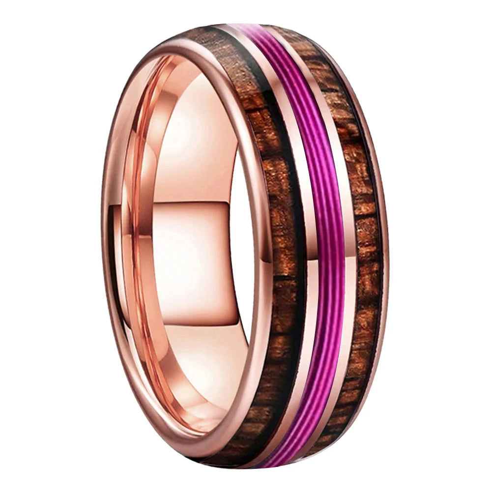  Koa Wood and Purple Guitar String Tungsten Ring