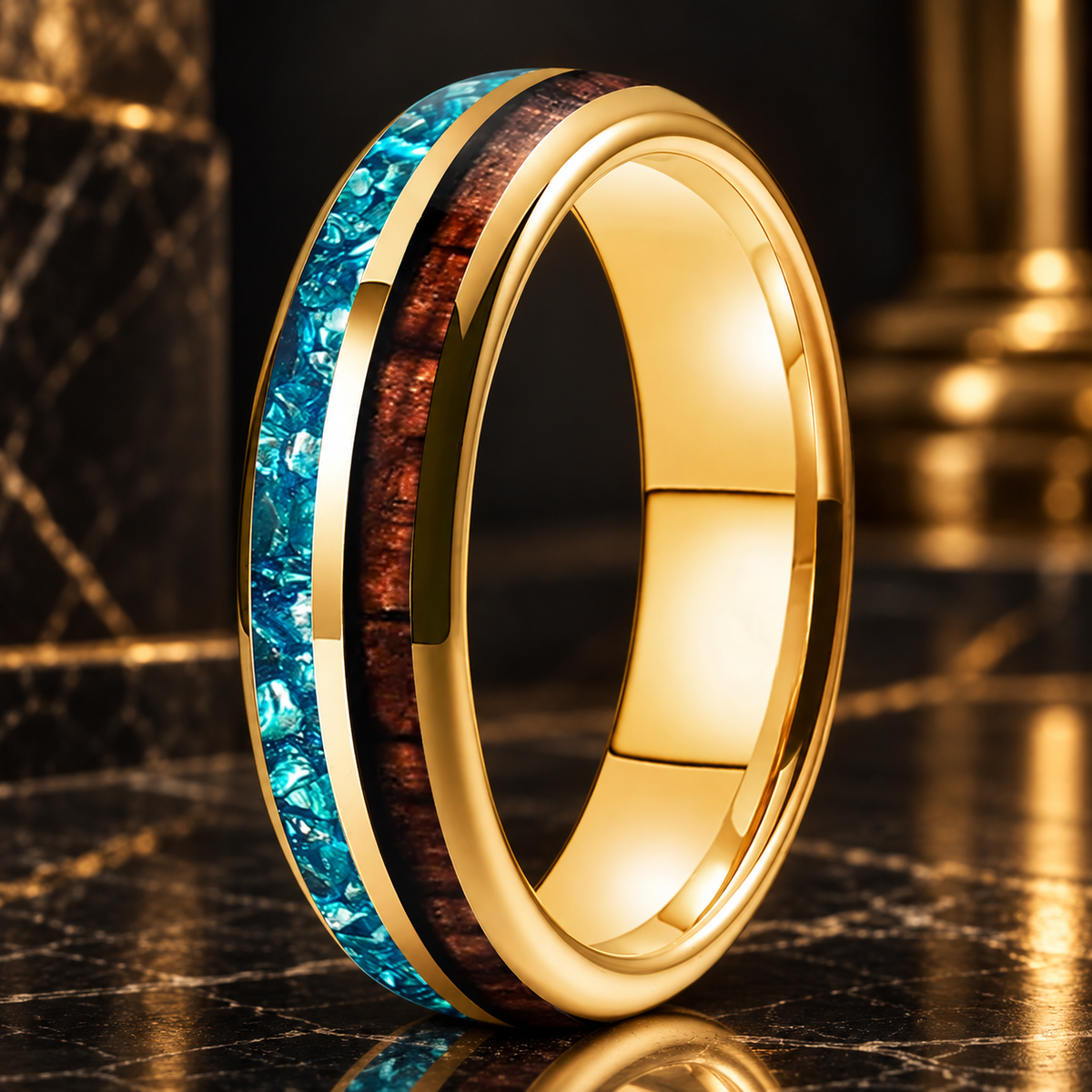 Koa Wood and Sky Blue Crystal Tungsten Ring