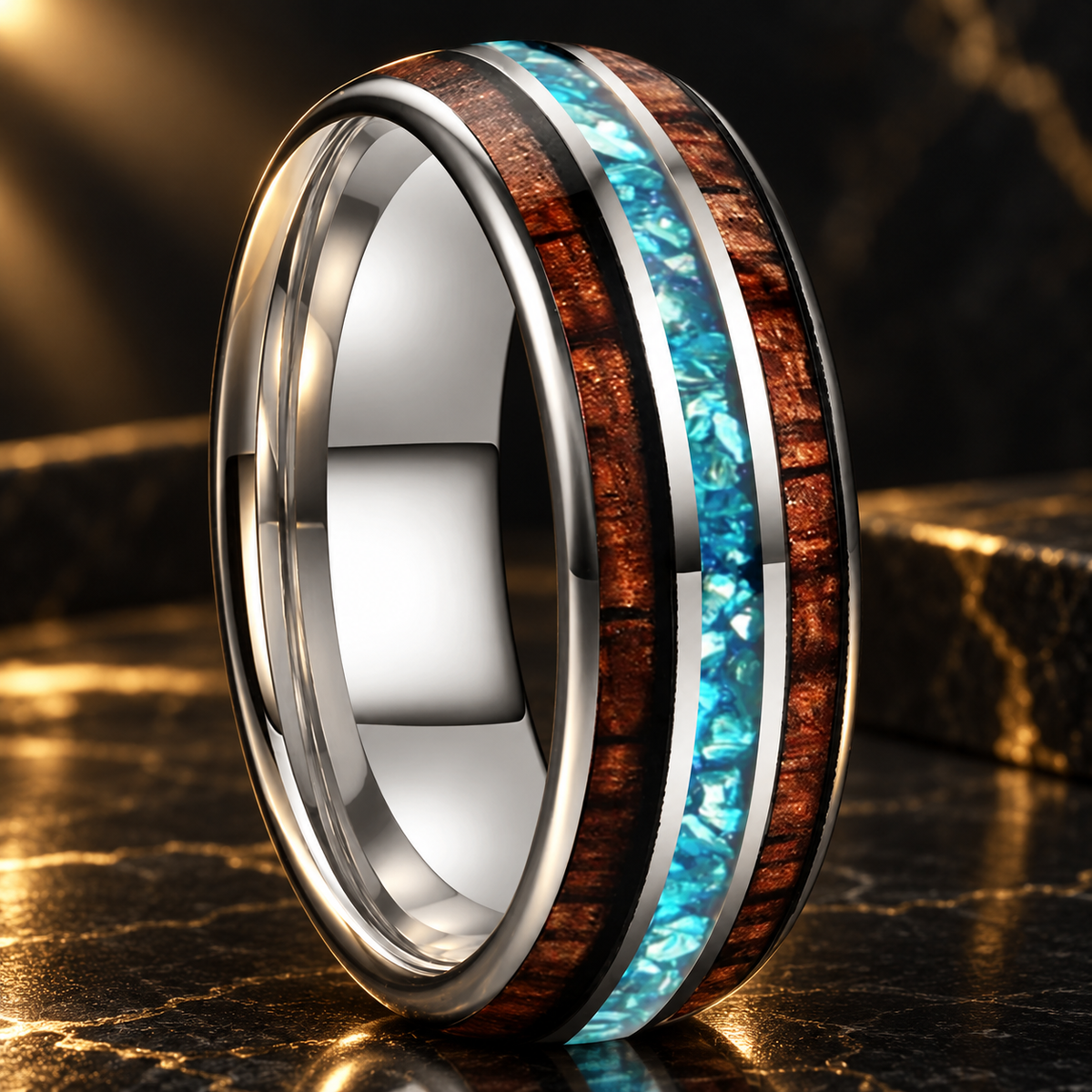 Koa Wood and Sky Blue Crystal Tungsten Ring