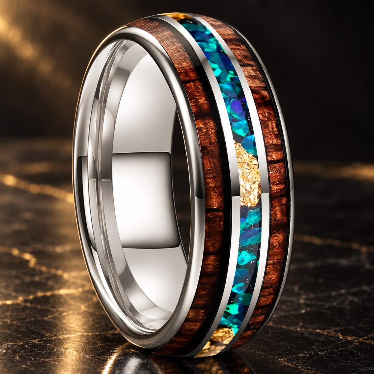 Koa Wood Opal and Gold Foil Tungsten Ring
