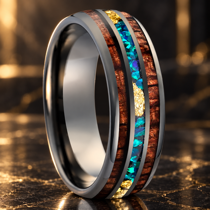 Koa Wood Opal and Gold Foil Tungsten Ring