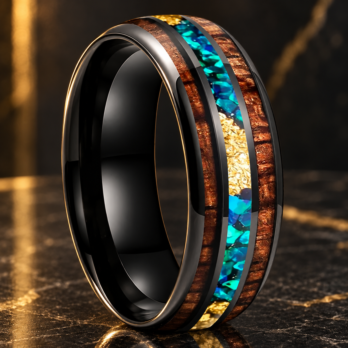 Koa Wood Opal and Gold Foil Tungsten Ring