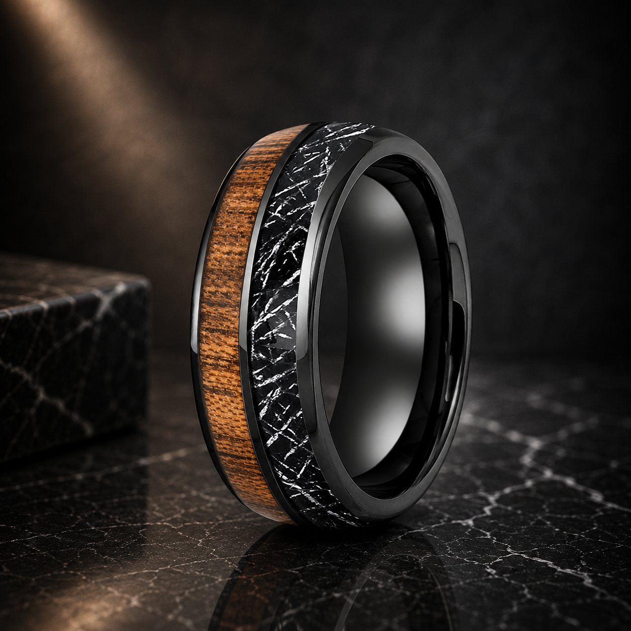 Koa Wood and Black Meteorite Tungsten Ring