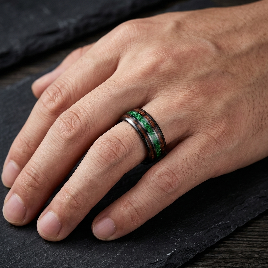Koa Wood and Moss Agate Tungsten Ring