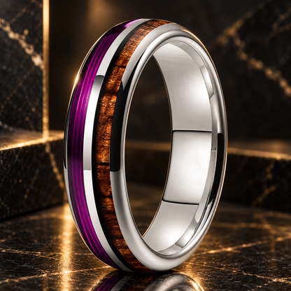Koa Wood and Purple Guitar String Tungsten Ring