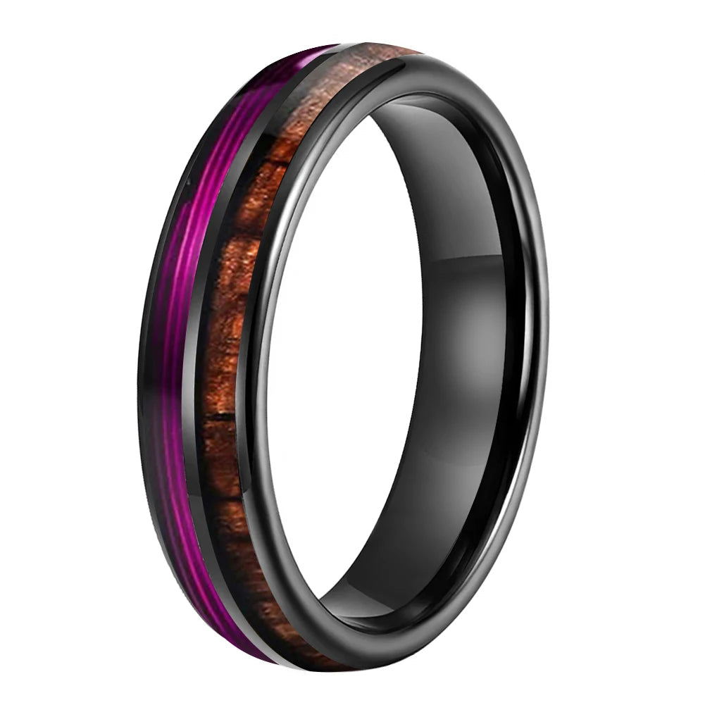  Koa Wood and Purple Guitar String Tungsten Ring