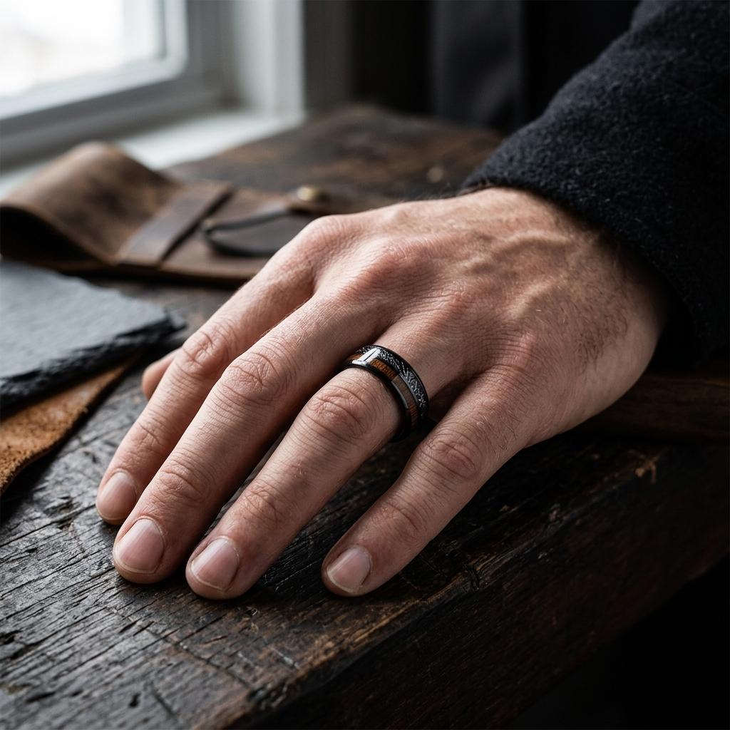 Koa Wood and Black Meteorite Tungsten Ring