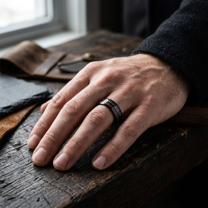 Koa Wood and Black Meteorite Tungsten Ring
