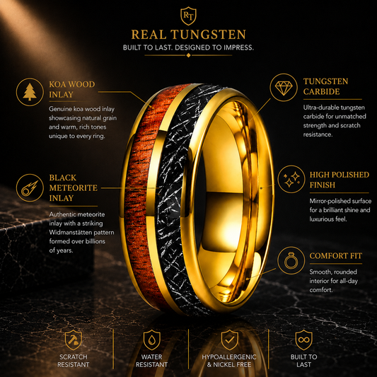 Koa Wood and Black Meteorite Tungsten Ring