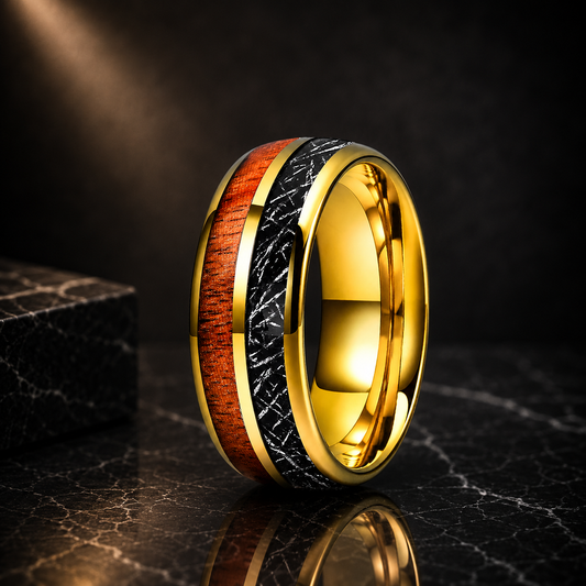 Koa Wood and Black Meteorite Tungsten Ring