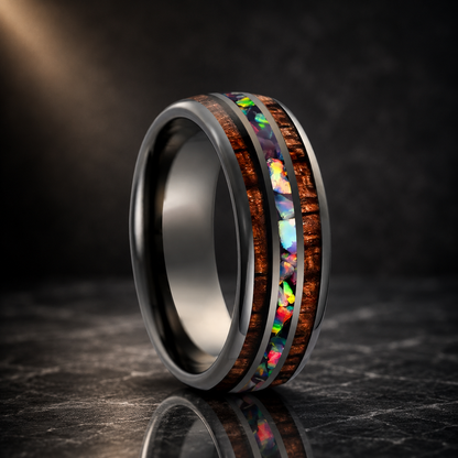 Koa Wood and Fire Opal Tungsten Ring