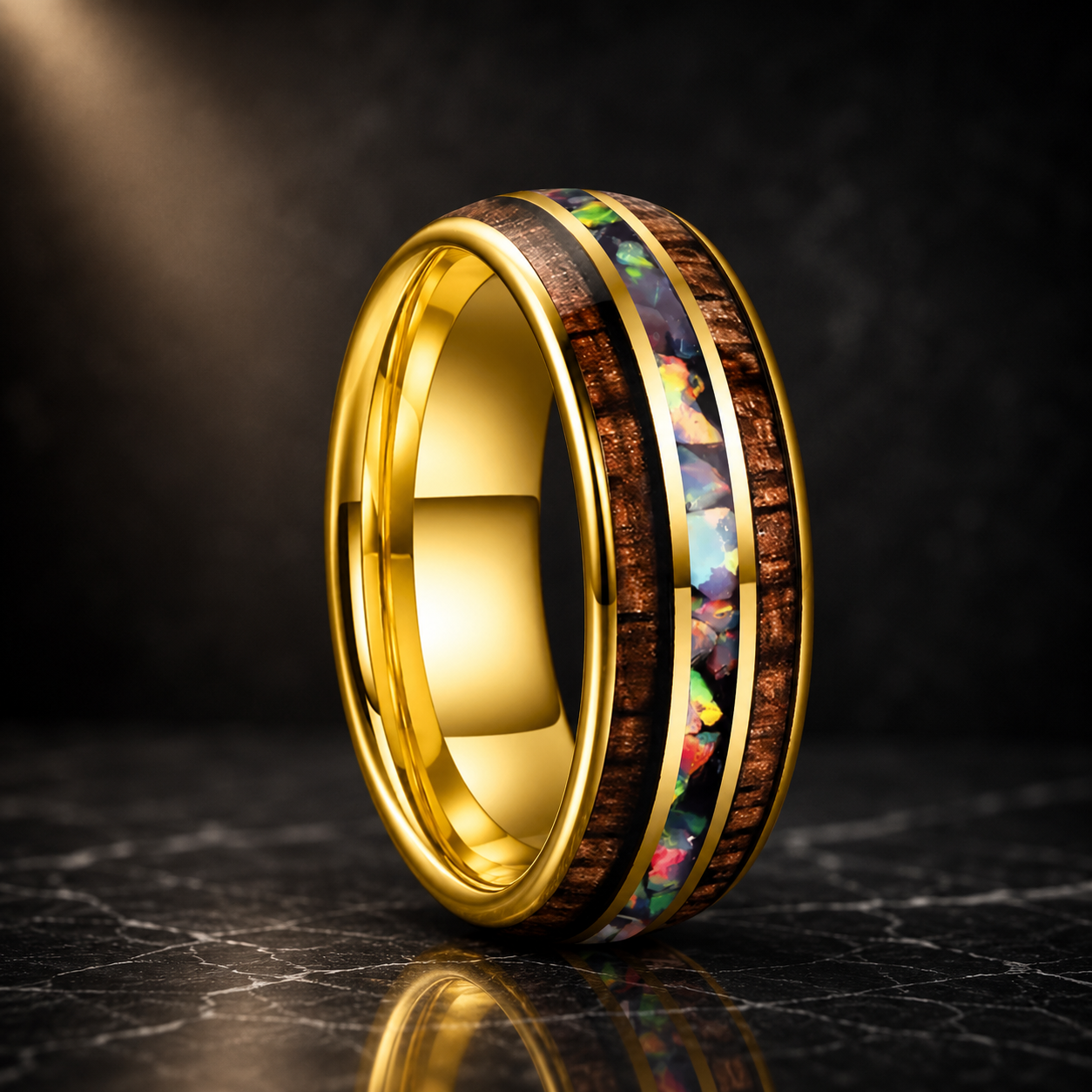 Koa Wood and Fire Opal Tungsten Ring
