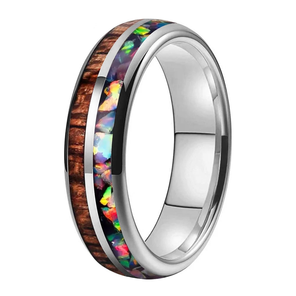 Koa Wood and Fire Opal Tungsten Ring