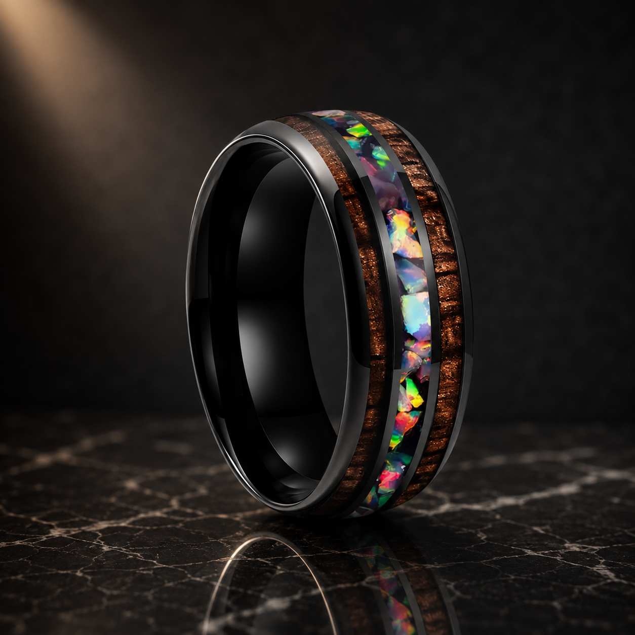 Koa Wood and Fire Opal Tungsten Ring
