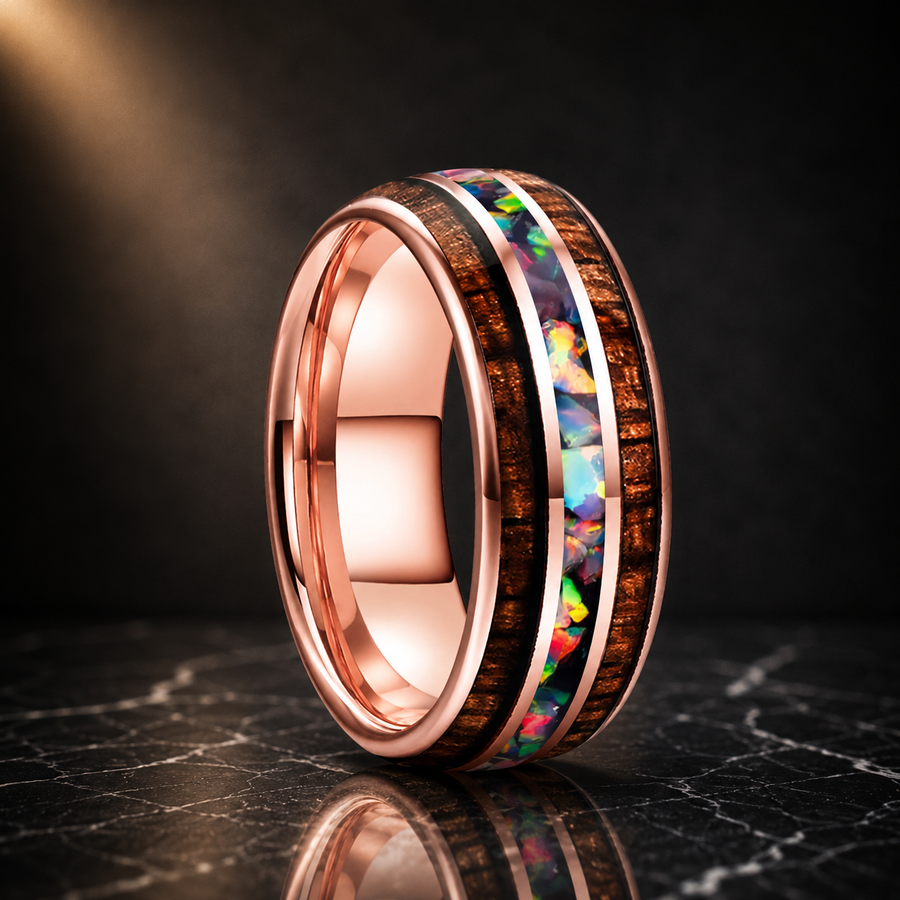 The Flamekoa - Koa Wood and Fire Opal Tungsten Ring