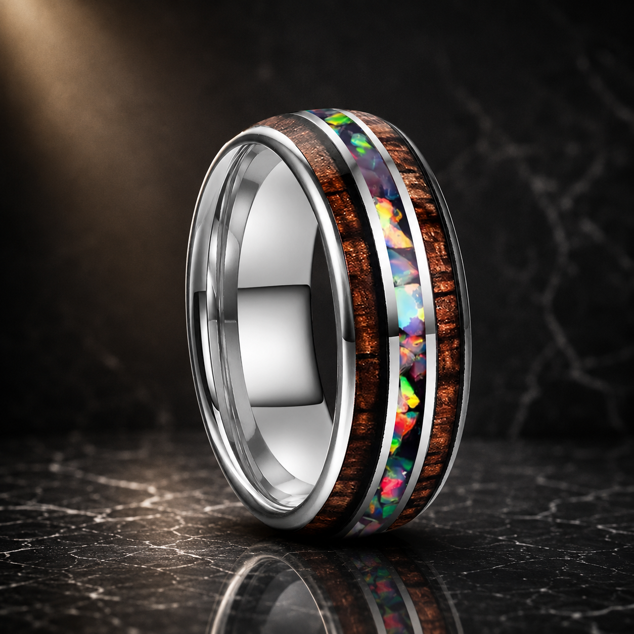 Koa Wood and Fire Opal Tungsten Ring