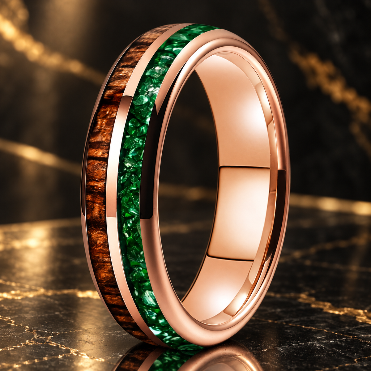 Koa Wood and Green Crystal Tungsten Ring