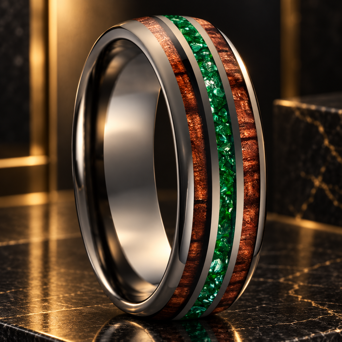 Koa Wood and Green Crystal Tungsten Ring