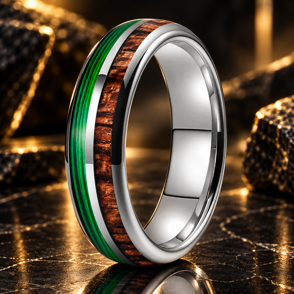 Koa Wood and Guitar String Tungsten Ring