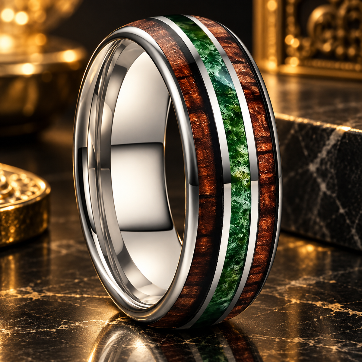 Koa Wood and Moss Agate Tungsten Ring