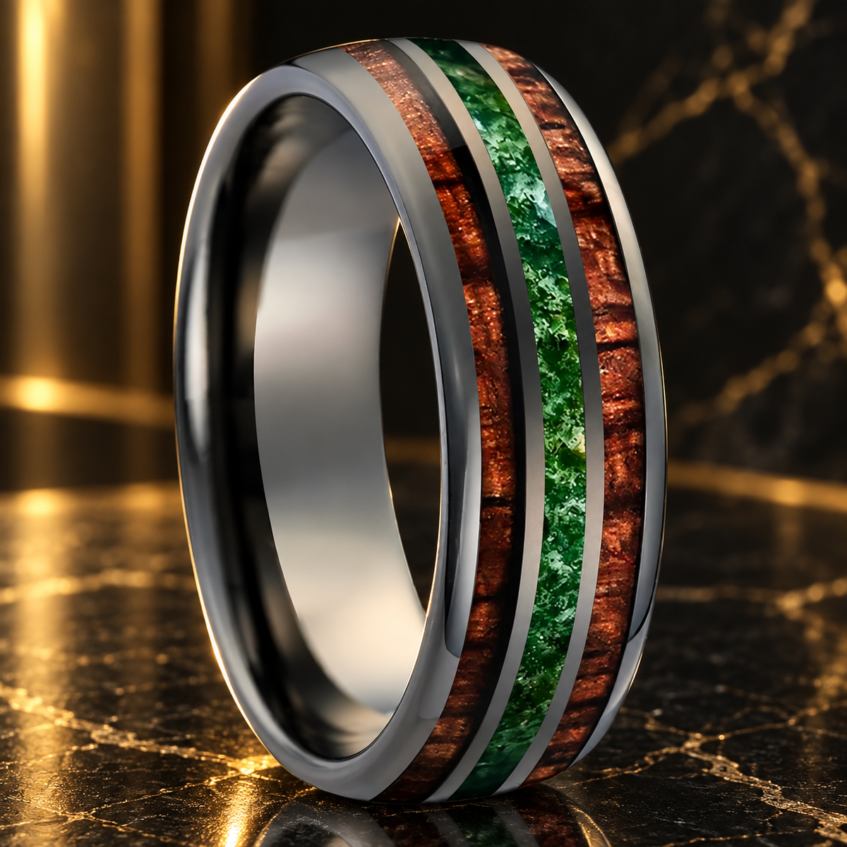 Koa Wood and Moss Agate Tungsten Ring