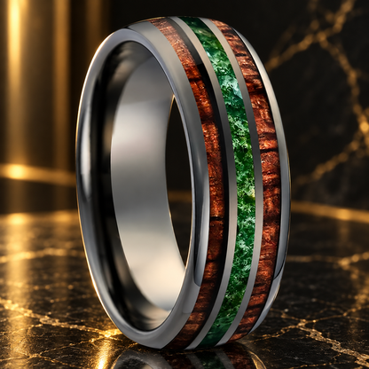 Koa Wood and Moss Agate Tungsten Ring