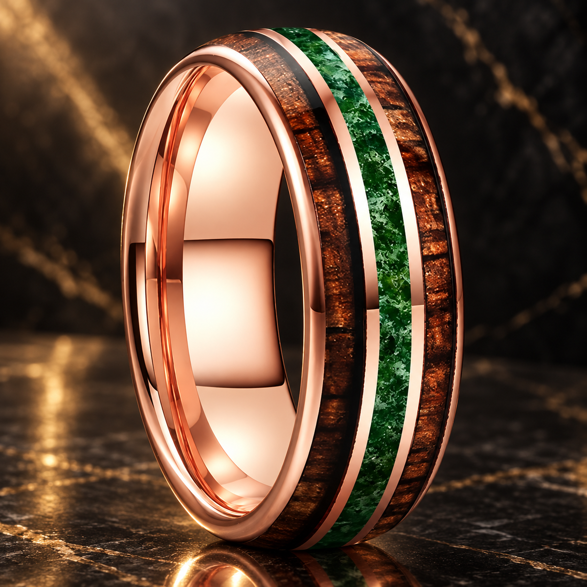 Koa Wood and Moss Agate Tungsten Ring