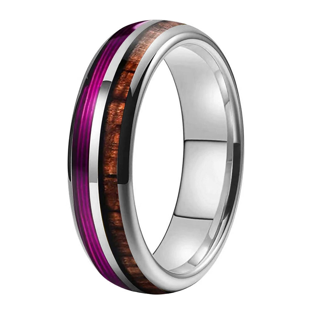  Koa Wood and Purple Guitar String Tungsten Ring