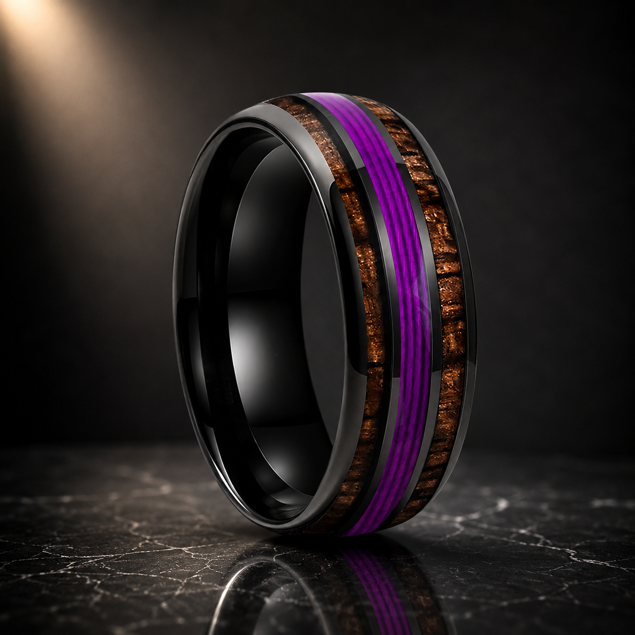  Koa Wood and Purple Guitar String Tungsten Ring
