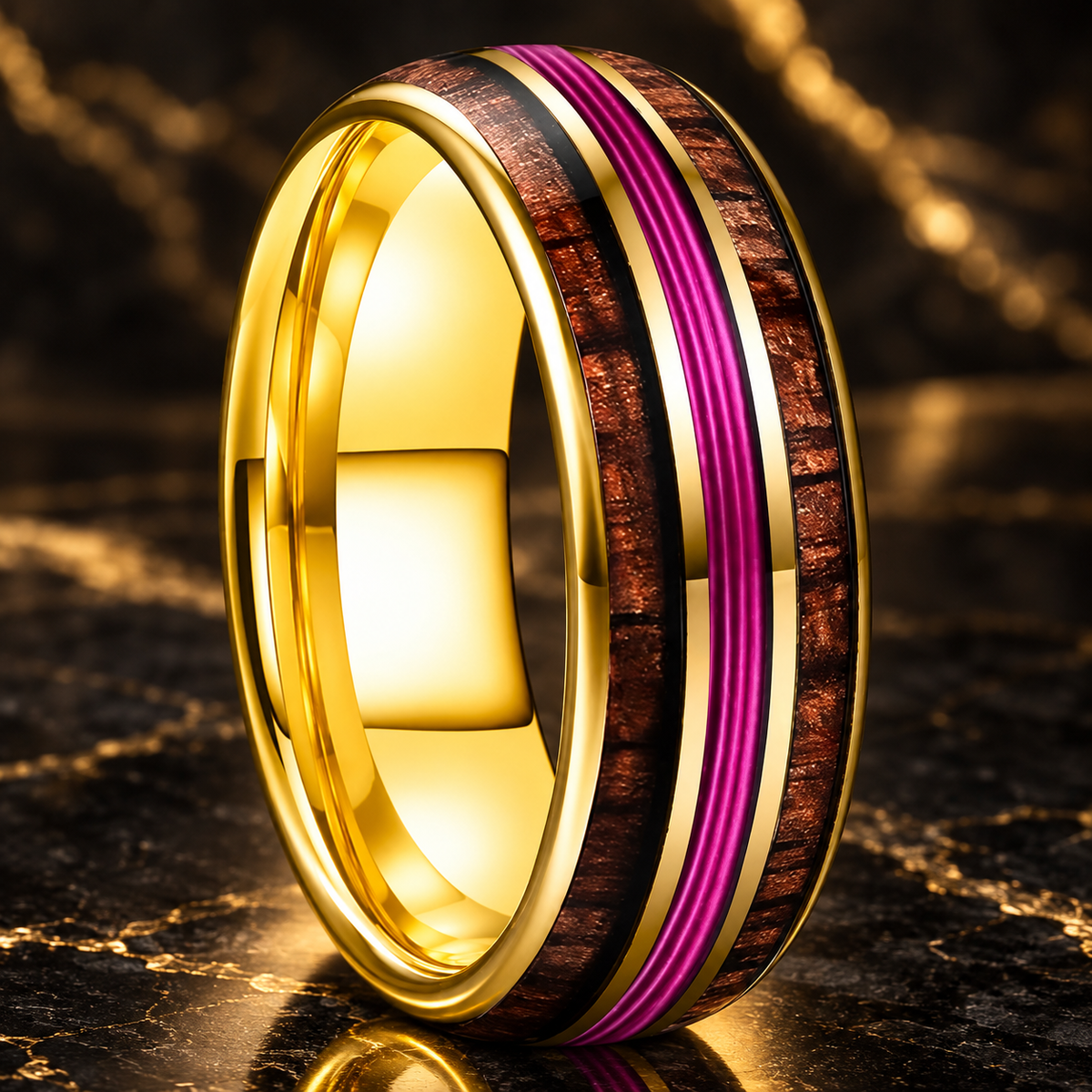 The Plumkoa - Koa Wood and Purple Guitar String Tungsten Ring