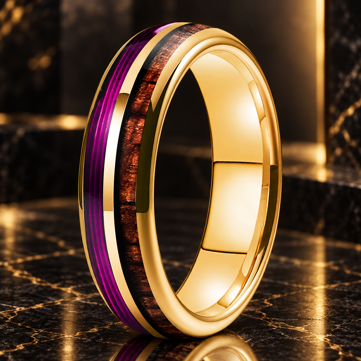 Koa Wood and Purple Guitar String Tungsten Ring