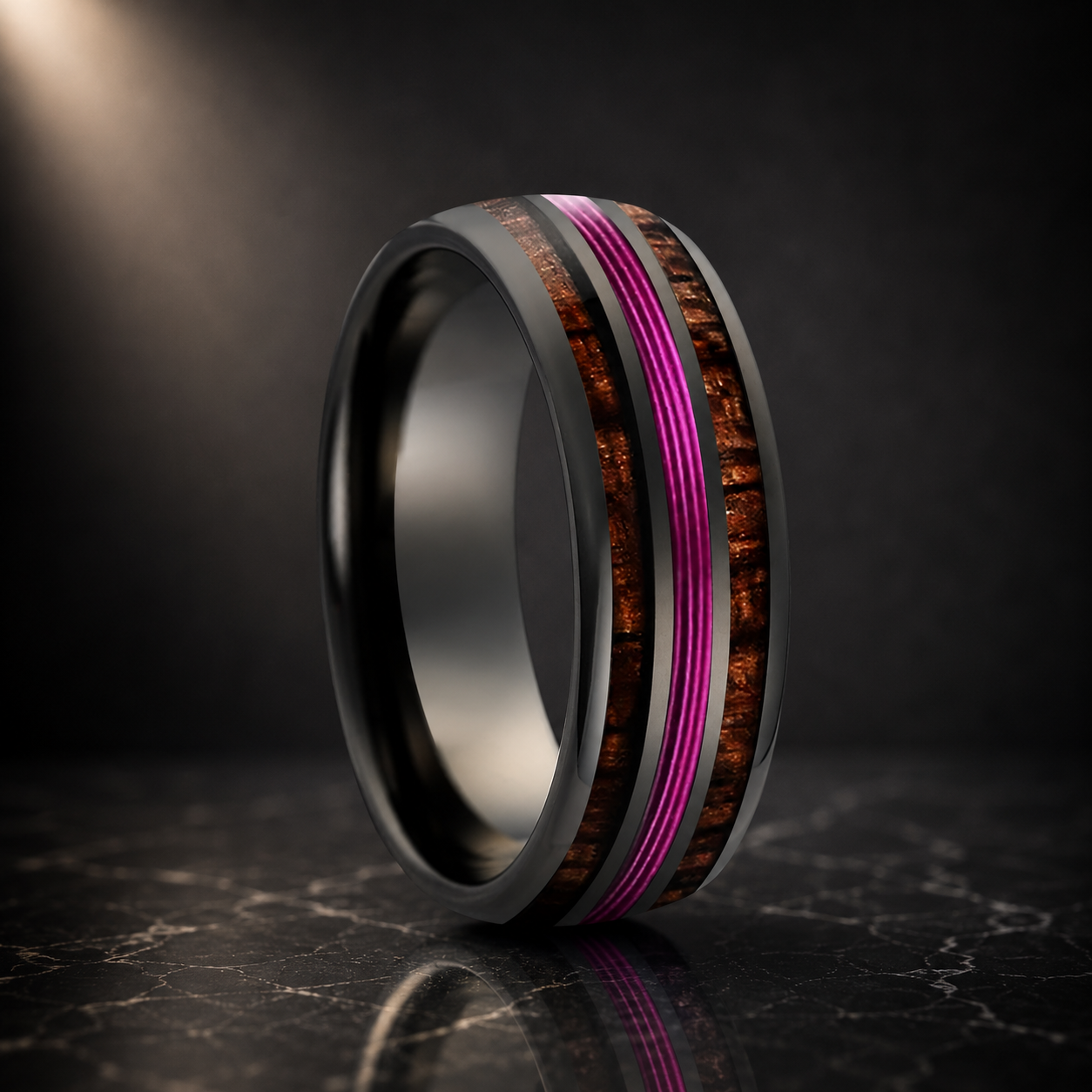  Koa Wood and Purple Guitar String Tungsten Ring
