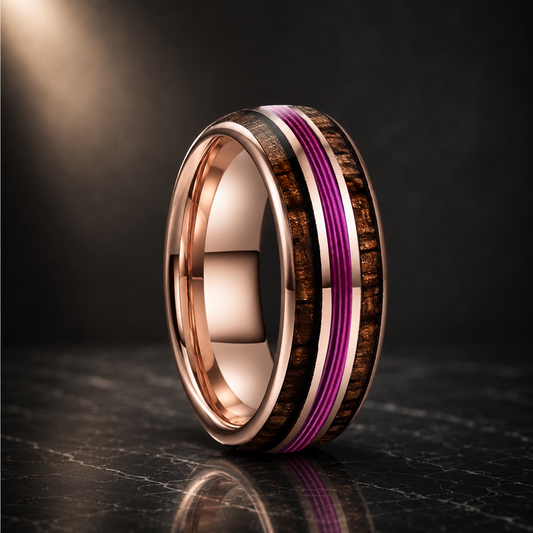  Koa Wood and Purple Guitar String Tungsten Ring