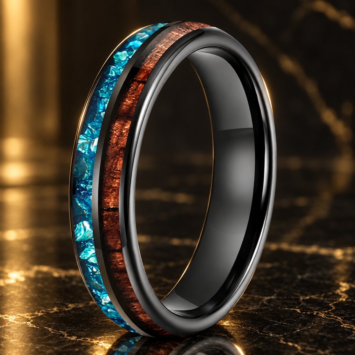 Koa Wood and Sky Blue Crystal Tungsten Ring