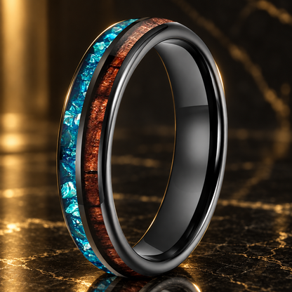 Koa Wood and Sky Blue Crystal Tungsten Ring