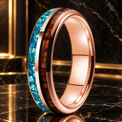 Koa Wood and Sky Blue Crystal Tungsten Ring