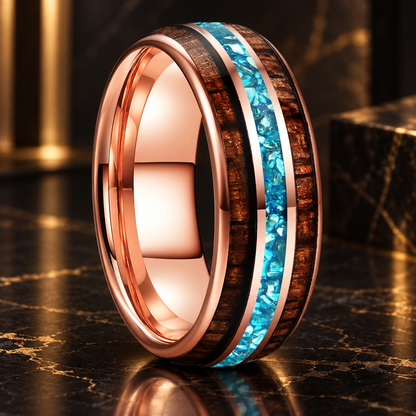 Koa Wood and Sky Blue Crystal Tungsten Ring