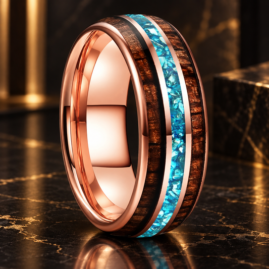 Koa Wood and Sky Blue Crystal Tungsten Ring