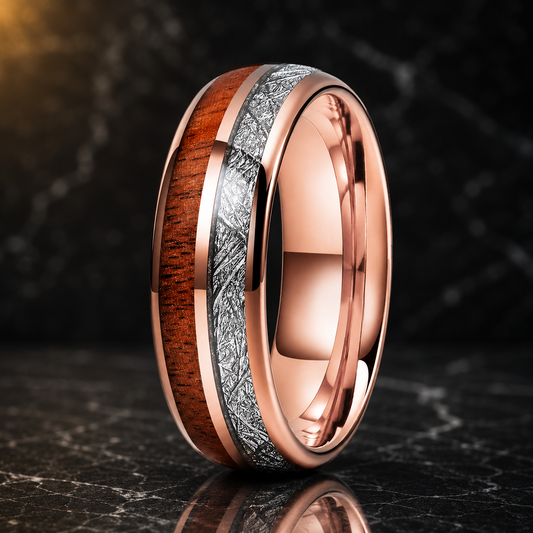 Koa Wood and White Meteorite Tungsten Ring
