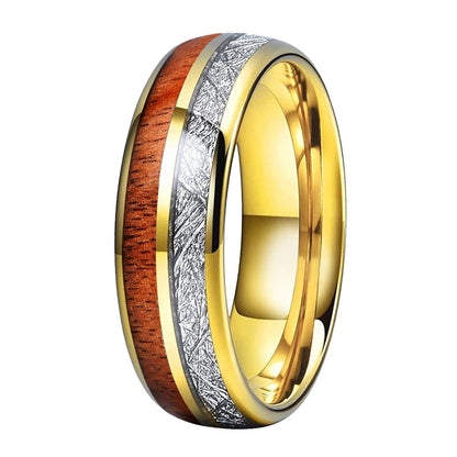 Koa Wood and White Meteorite Tungsten Ring
