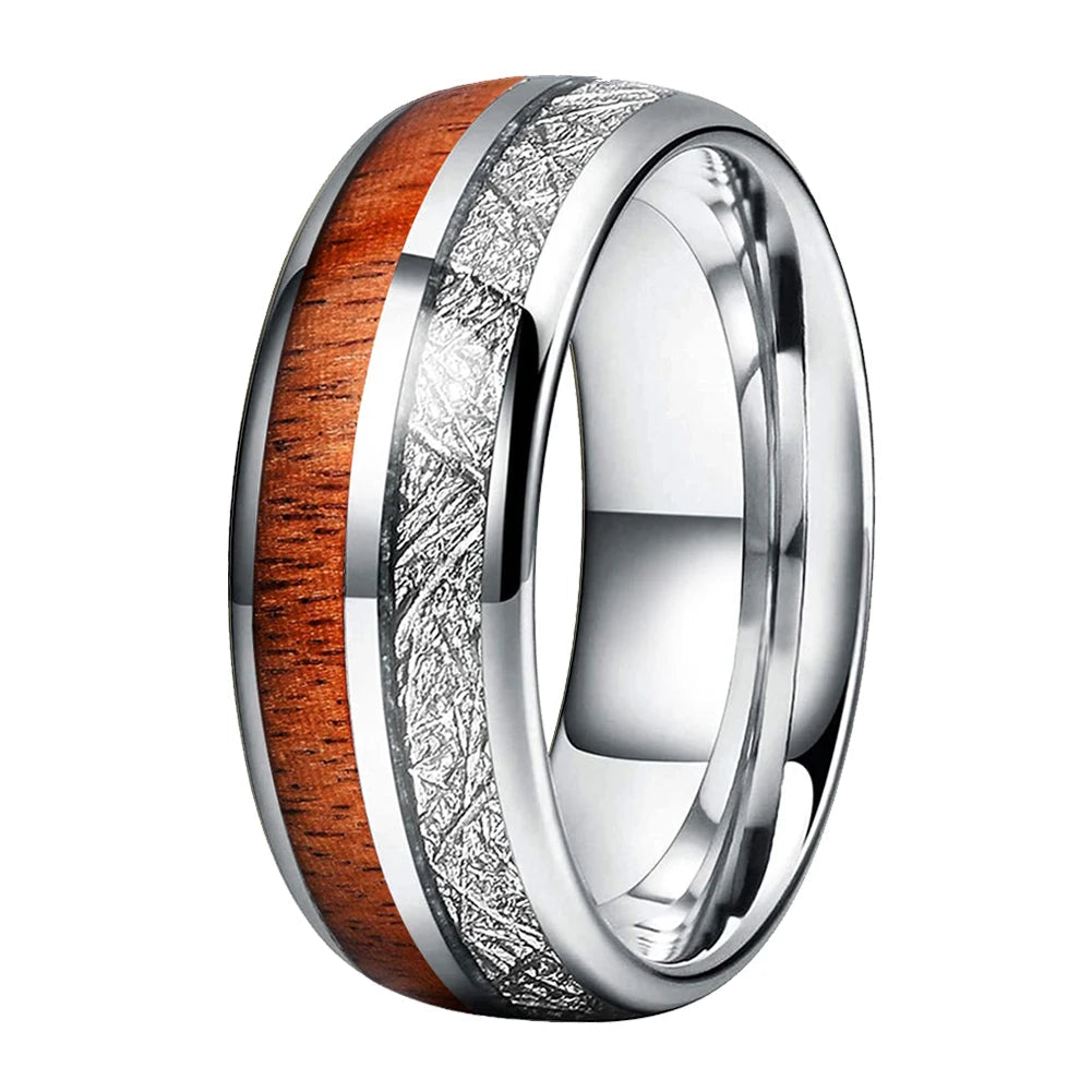 Koa Wood and White Meteorite Tungsten Ring
