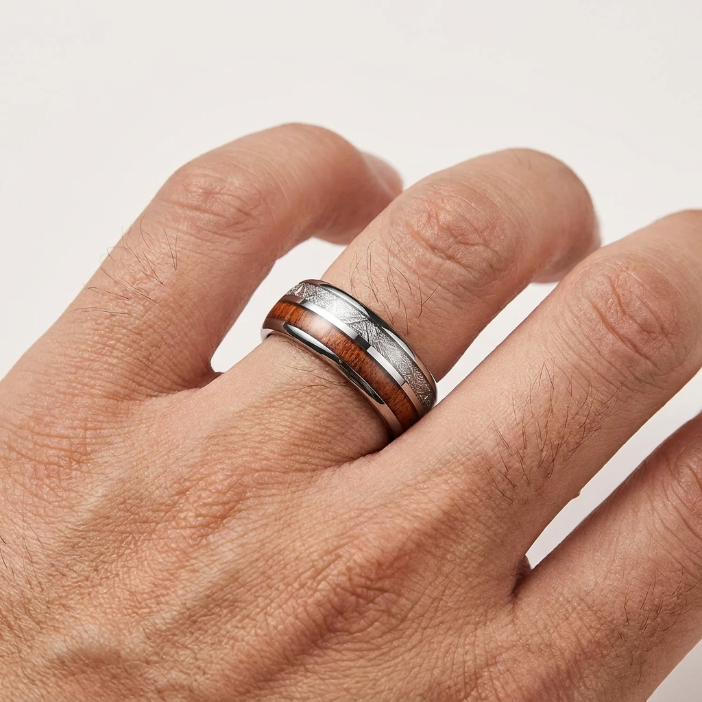 Koa Wood and White Meteorite Tungsten Ring